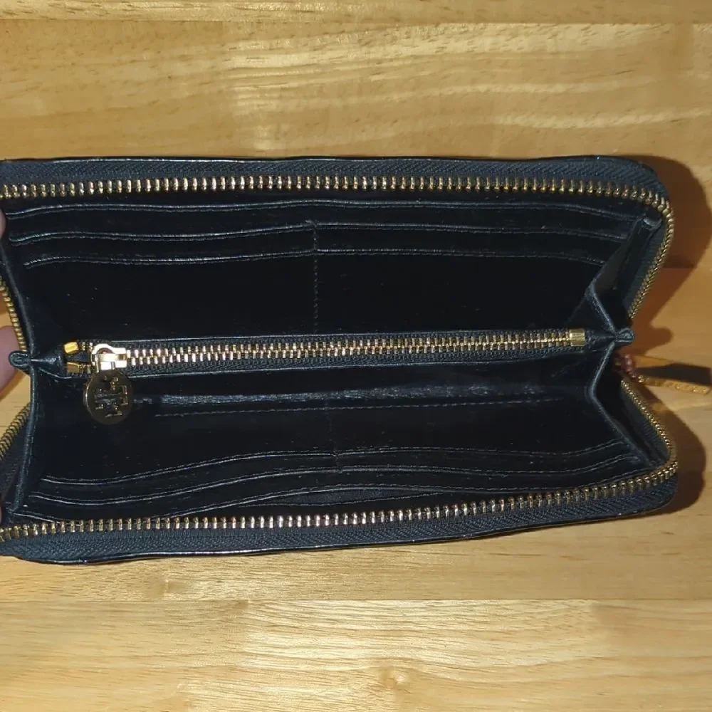 Tory Burch Black Leather Wallet Embossed Logo with Gold Zipper